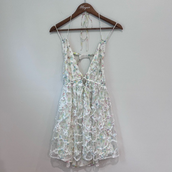 For Love & Lemons NWT Becky Floral Appliqué Mini Dress Strappy Plunging White XL - Picture 5 of 16